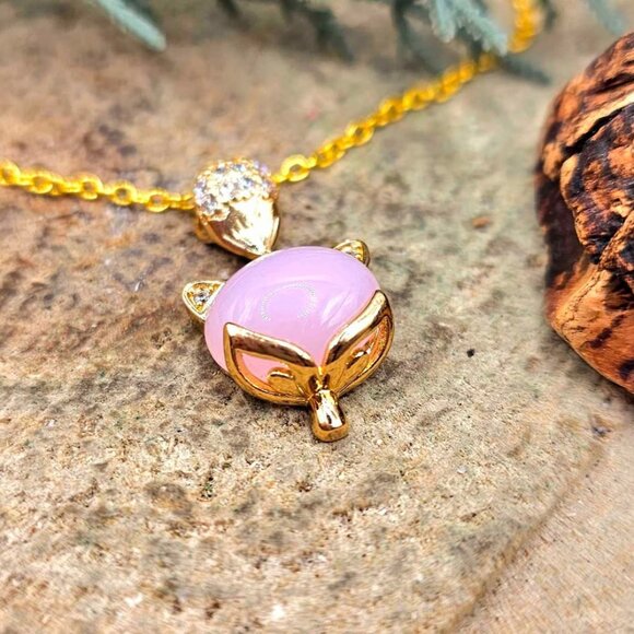 Nature Rose Quartz Gold Tone Fox Pendant Necklace - Picture 3 of 10